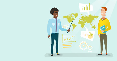 African and caucasian white businessmen standing on the background of world map