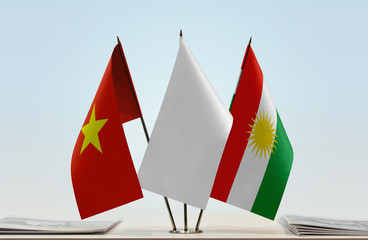 Flags of Vietnam and Kurdistan with a white flag in the middle
