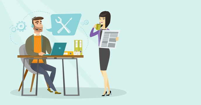 Caucasian white operator of technical support in headphones working on computer and asian woman with cup of coffee and newspaper standing nearby. Technical support concept. Vector cartoon illustration