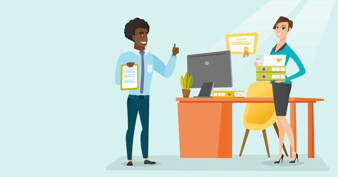 Arican-american and caucasian white office workes holding business documents in hands. Business people with clipboard and folders standing in office. Vector cartoon illustration. Horizontal layout.