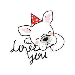 Obraz na płótnie Canvas Vector illustration character design of adorable french bulldog with word love you and beautiful party hat Doodle cartoon style