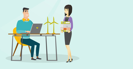 Young caucasian white and asian engineers using laptop and projecting wind turbines. Workers of wind farm working with models of wind turbines. Renewable energy concept. Vector cartoon illustration.