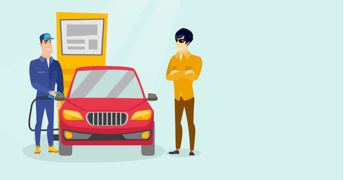 Caucasian white worker in workwear filling up fuel into the car at the gas station while car owner standing nearby. Gas station worker refueling a car. Vector cartoon illustration. Horizontal layout.