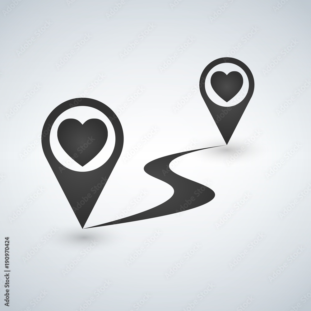 Poster pointer pin up icon with heart path, valentine concept, vector.