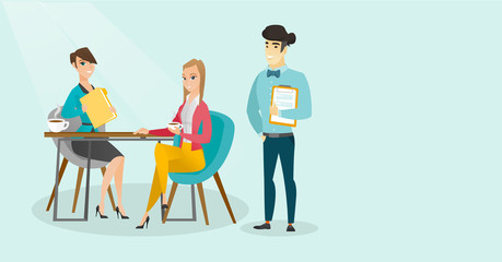 Young multiracial business people drinking coffee and talking at business meeting. Caucasian white women and asian man chatting at business meeting. Vector cartoon illustration. Horizontal layout.