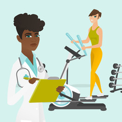 Young caucasian white woman doing exercises on elliptical trainer and african doctor physiotherapist writing medical indicators of sportswoman in a notepad. Vector cartoon illustration. Square layout.