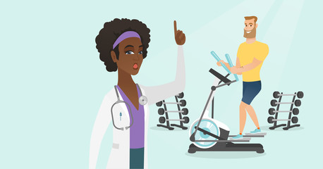 Young caucasian white man doing exercises on elliptical trainer and african doctor pointing finger up because she is impressed by his medical indicators during examination. Vector cartoon illustration