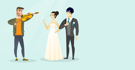 Young caucasian white man playing the violin for asian newlyweds and cheerful bridegroom in a wedding suit and bride in white dress giving thumb up. Vector cartoon illustration. Horizontal layout.