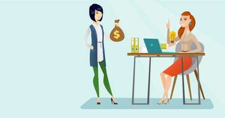 Caucasian white business woman working on computer with idea light bulb while asian woman with bag full of money standing nearby. Business idea concept. Vector cartoon illustration. Horizontal layout.