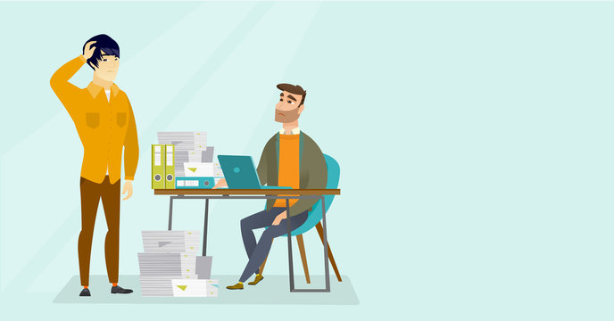 Unhappy caucasian white and asian office workers working together and having a lot of paperwork. Concept of paperwork teamwork, stress at work, deadline. Vector cartoon illustration. Horizontal layout