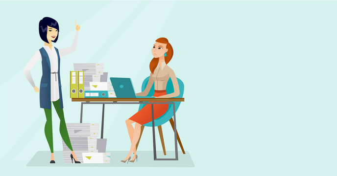 Young angry caucasian white office worker sitting at workplace with a lot of papers and her happy asian colleague standing nearby and pointing finger up. Vector cartoon illustration. Horizontal layout
