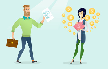 Young caucasian white businessman walking with a briefcase and showing legal document while asian business woman holding a piggy bank with dollar sign. Vector cartoon illustration. Horizontal layout.