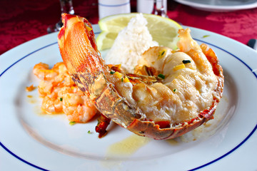 Roasted lobster plated with rice , shallow focus
