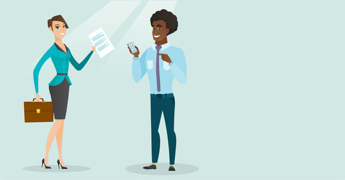 Young caucasian white business woman carrying briefcase and showing document while african-american businessman holding mobile phone and pointing at it. Vector cartoon illustration. Horizontal layout