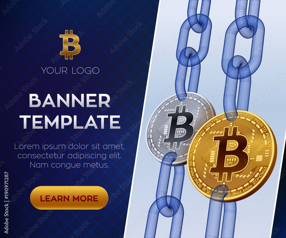 Poster crypto currency editable banner template. bitcoin. 3d isometric physical bit coin. golden and silver