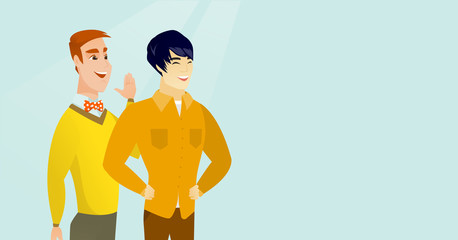 Young caucasian white man shielding his mouth and whispering a gossip to his asian friend. Two happy men sharing gossips. Friends discussing rumors. Vector cartoon illustration. Horizontal layout.