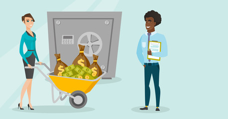 Young caucasian white business woman pushing wheelbarrow full of money and african-american businessman holding clipboard with documents on the background of bank safe. Vector cartoon illustration.