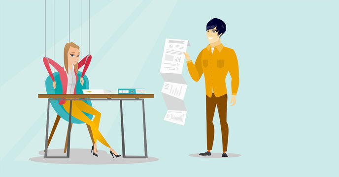 Young caucasian white woman sitting at workplace and hanging on strings like marionette while her asian colleague standing nearby and showing document with business report. Vector cartoon illustration