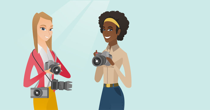Young caucasian white and african-american photographers with a lot of photo cameras. Professional photo journalists with many cameras. Vector cartoon illustration. Horizontal layout.