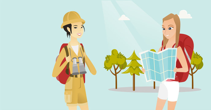 Young caucasian white and asian female travelers with backpacks and binoculars searching right direction on map. Multicultural women travelling together. Vector cartoon illustration. Horizontal layout