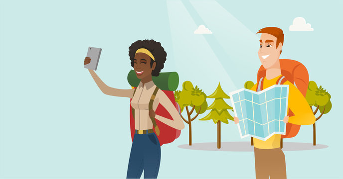 Couple of young multiethnic travelers making selfie. Smiling caucasian white man and african-american woman with backpacks and map travelling together. Vector cartoon illustration. Horizontal layout.