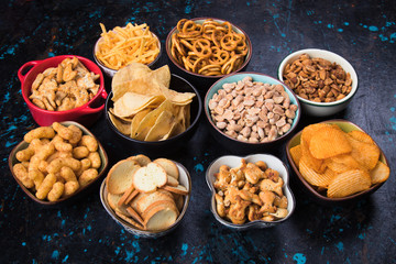 Salty snacks served in bowls