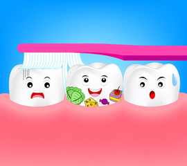 Obraz premium Cute cartoon tooth character. Cleaning food on human tooth, dental care concept. Illustration isolated on blue background.