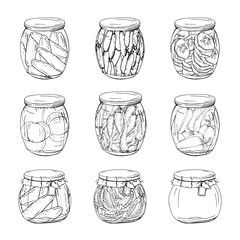 Collection of different glass jars with home made vegetables. Hand drawn objects isolated on white. Black and white,contour