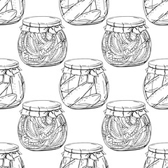 Seamless pattern with different glass jars with vegetables. Endless texture on white background. Black and white,monochrome, contour.