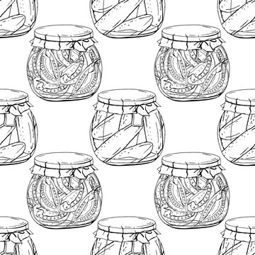 Seamless pattern with different glass jars with vegetables. Endless texture on white background. Black and white,monochrome, contour.
