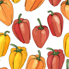 Seamless pattern with different vegetables on white. Paprika,different color