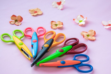 Multicolored scissors and flowers on a pink background