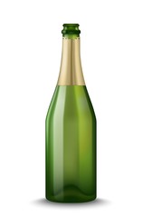 Vector Realistic green with gold open Champagne bottle isolated on white background. Mockup template blank for product packing advertisement.