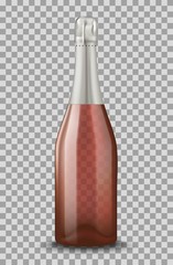 Vector Realistic pink with silver closed Champagne bottle isolated on transparent background. Mockup template blank for product packing advertisement.