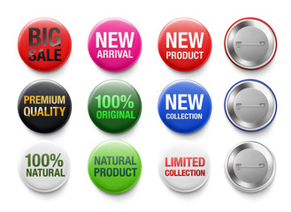 Set of colorful badge mockup. Vector realistic illustration on white background, ready and simple to use for your design. EPS10.