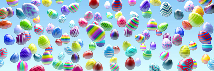 Many colored eggs flying in air 3d illustration
