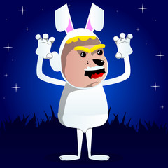 Boy dressed as Easter bunny is trying to scare you. Vector cartoon character illustration.