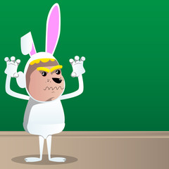 Boy dressed as Easter bunny is trying to scare you. Vector cartoon character illustration.