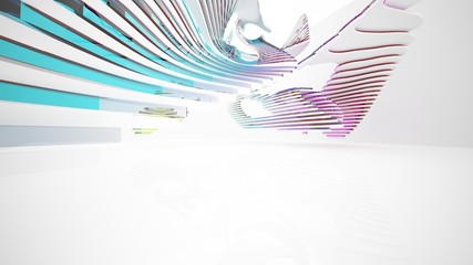 Abstract white and colored gradient glasses parametric interior  with window. 3D illustration and rendering.