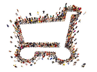 Large crowd of people forming the symbol of a shopping cart .Versatile Concept with room for text or copy space advertisement logo of a grocery or department store. 3d rendering isolated on white 