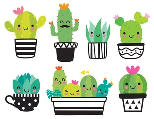 Foto op Canvas Cute succulent or cactus plant with happy face vector illustration set. © JungleOutThere