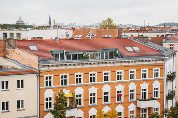 View from high point to the street with buildings with trees in Berlin in Germany. Architecture of...