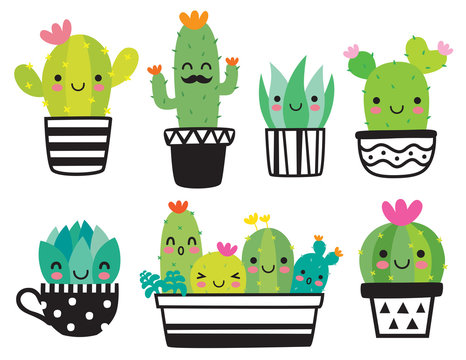 Cute succulent or cactus plant with happy face vector illustration set.