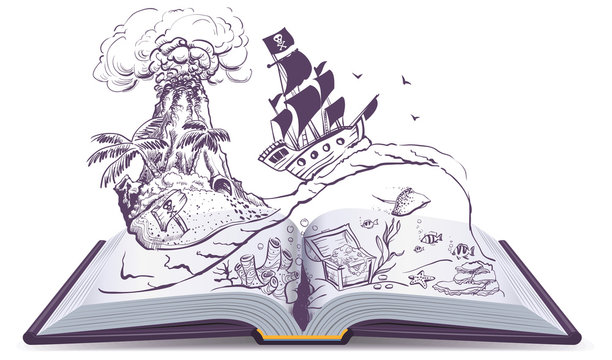 Open book about pirates and treasure. Ship sailboat pirate swims on waves. Treasure island