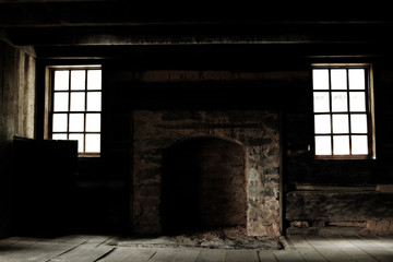 Fototapeta na wymiar Old Cabin Fireplace Windows