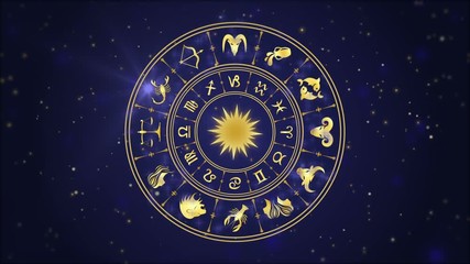 Horoscope wheel, zodiac circle on the dark blue background with glowing particles - Powered by Adobe