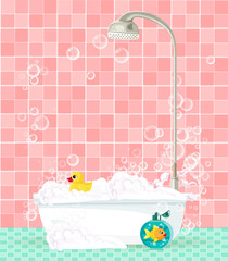 bathtub with foam, soap bubbles, rubber duck on pink tiled background