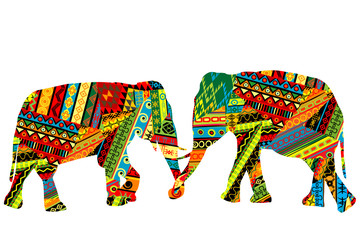 Two elephants in the ethnic motifs pattern