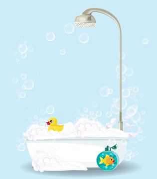 Cute cartoon illustration of bathtub on blue