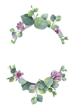 Watercolor vector wreath with green eucalyptus leaves, purple flowers and branches.